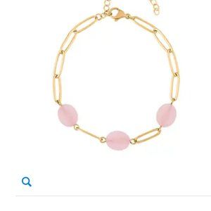 Rose Quartz Paper Clip Chain Station Bracelet/ION Plated YG Stainless Steel